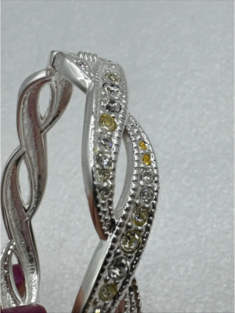 PREMIER DESIGNS Clamper Bracelet Yellow Rhinestones Twist Silver Tone Oval